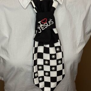Black and White Checkered Tie with I Love Jesus Design